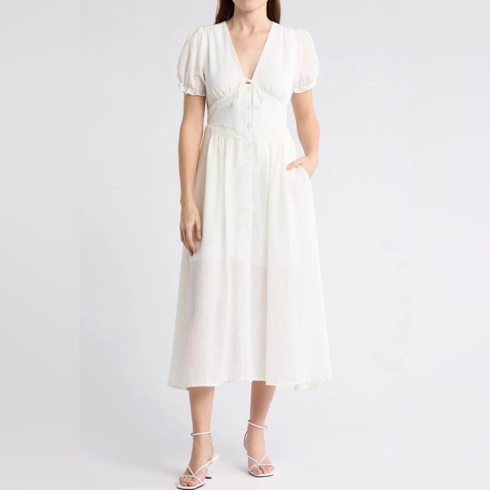 Lush Puff Sleeve Cinched Waist white Midi Dress NEW